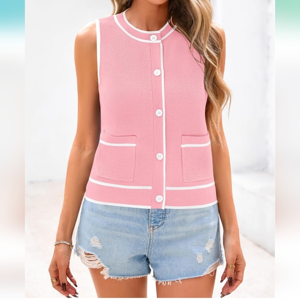 PRETTYGARDEN Pink &WhiteVest Casual Button Down NWT Size L - Picture 3 of 11